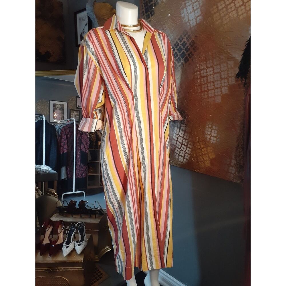 Zara 100% Cotton Striped Button-Front Maxi Shirt Dress in Warm Tones - Picture 9 of 16